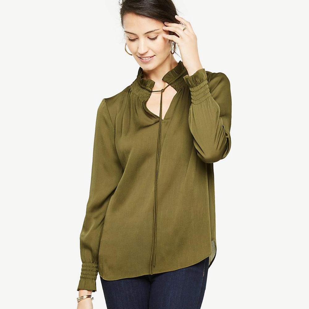 Smocked Neck Popover Blouse In Greenfinch